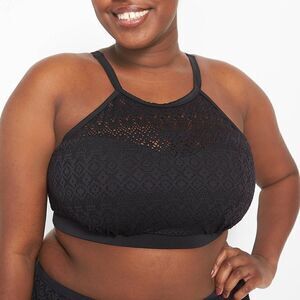 Cacique Swimsuit Women’s 24 Black No-Wire Crochet High-Neck Bikini Top Plus Size